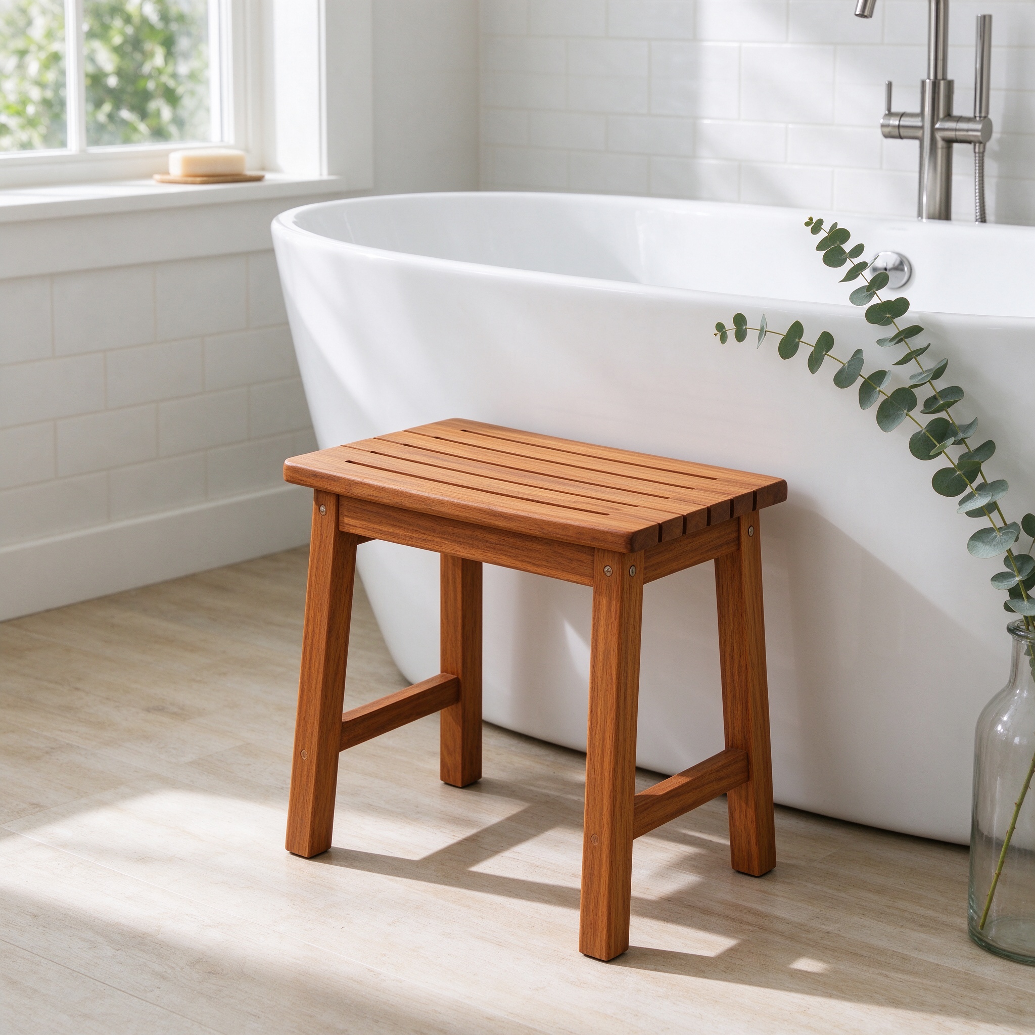 Teak shower bench stool beside a white bathtub