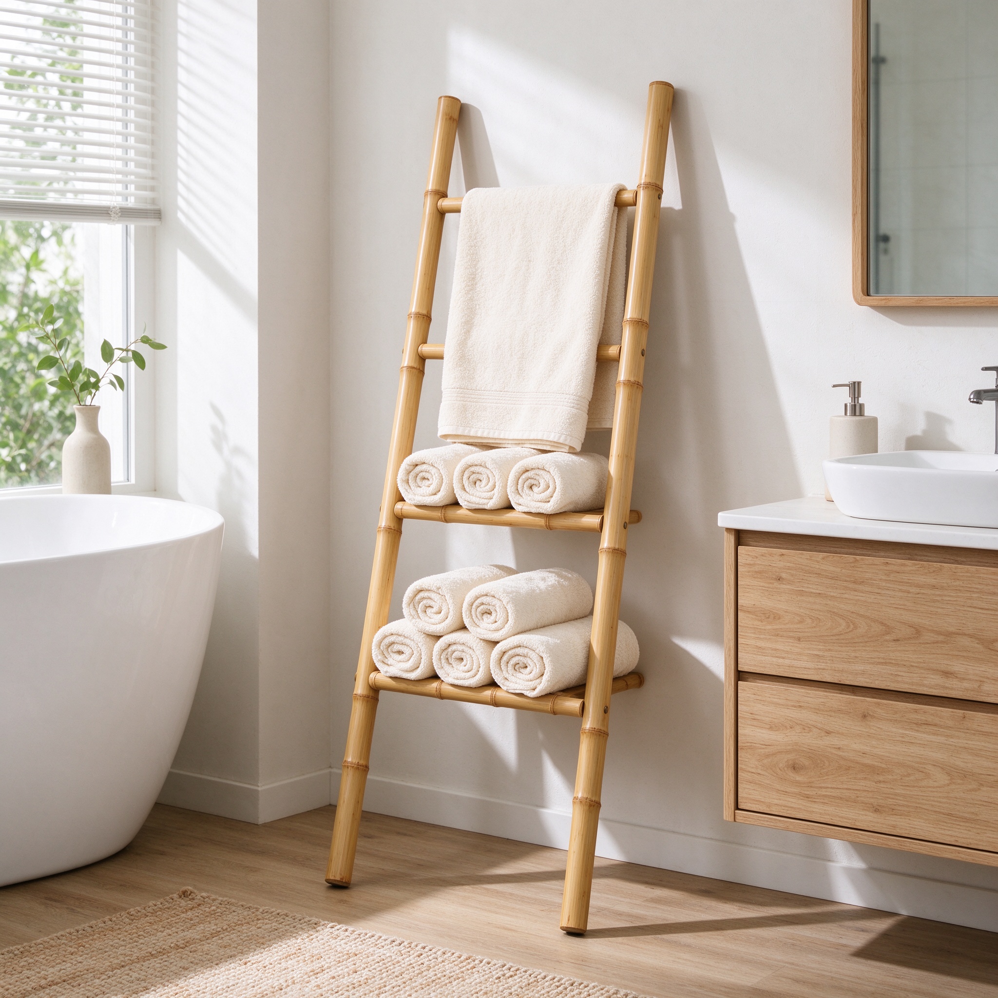 Bamboo towel ladder with rolled towels