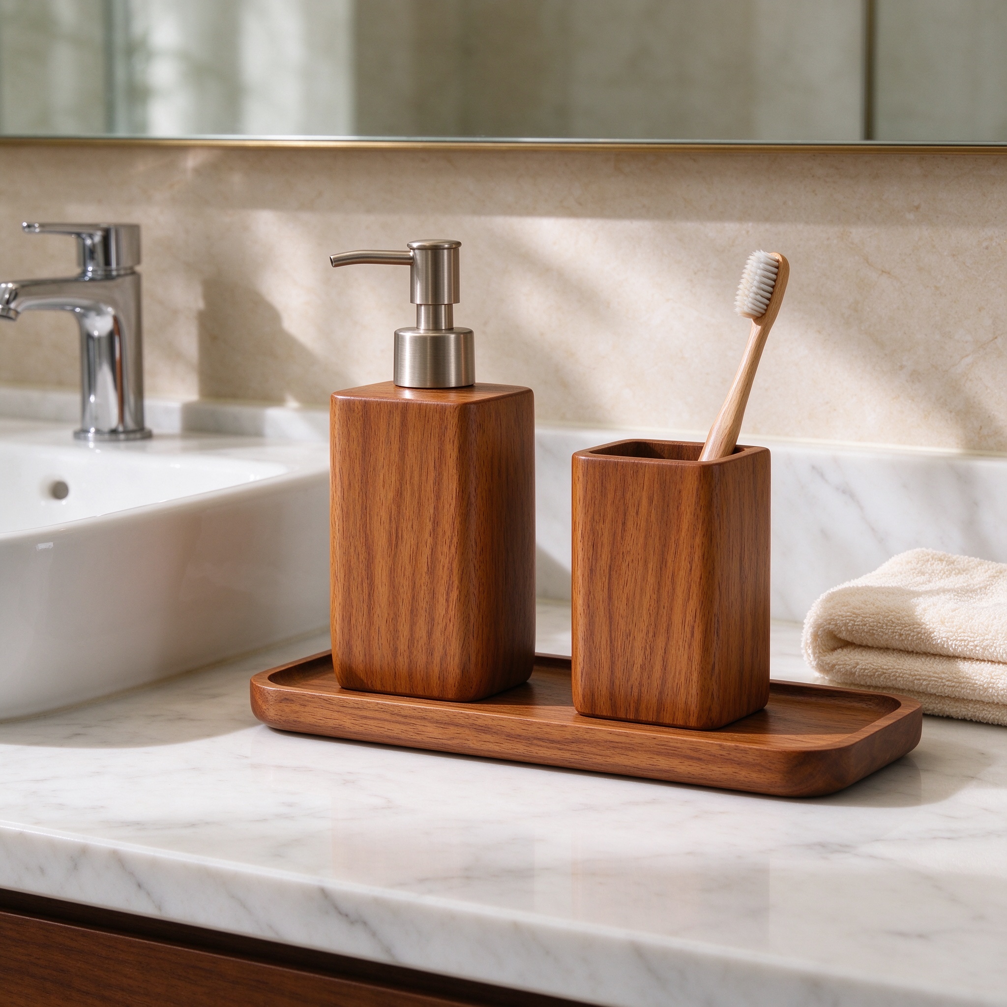 Teak bathroom accessory set on marble vanity