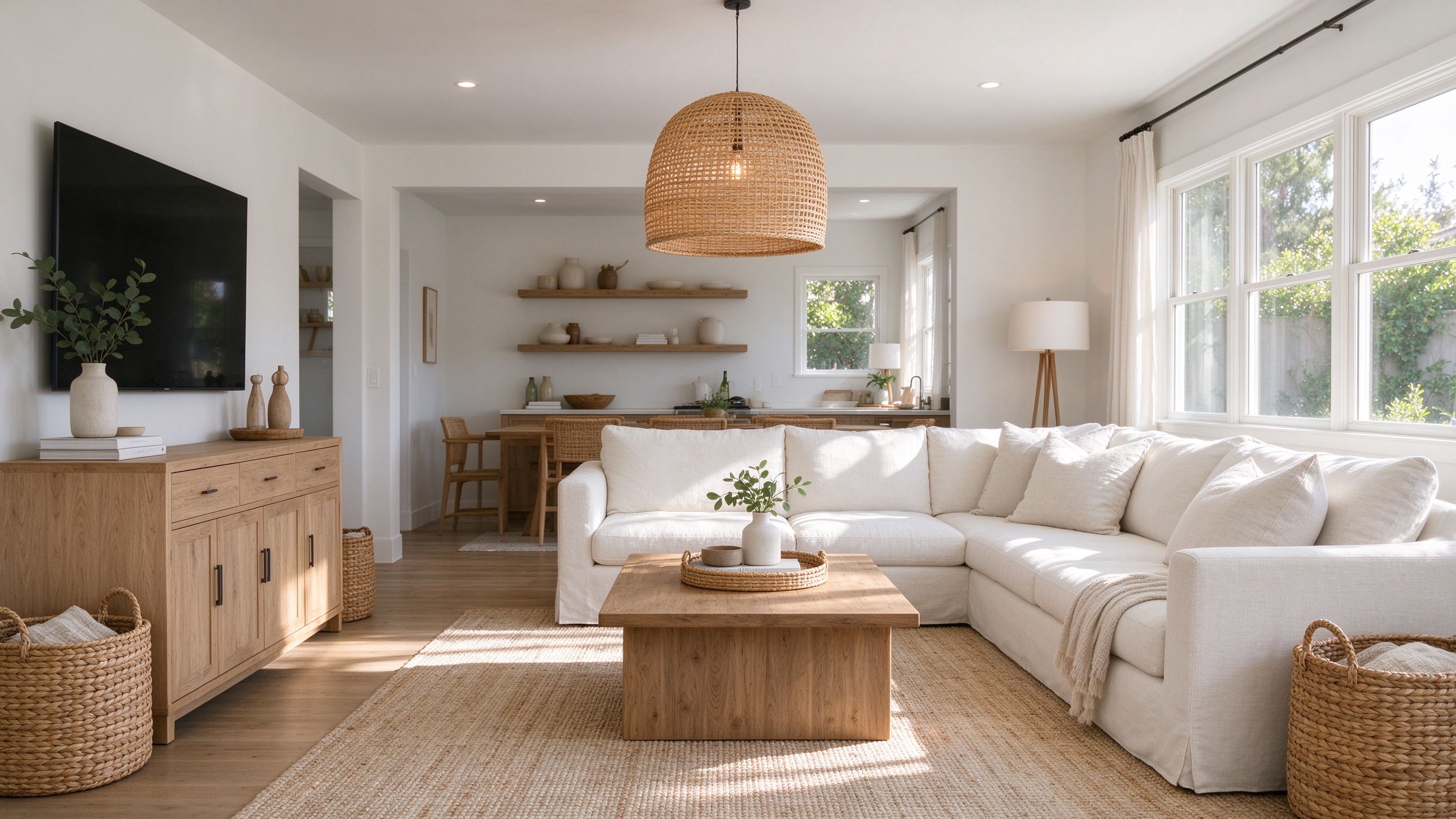 Bright California living room styled with YAWI wood furniture, rattan pendant lamp and woven baskets