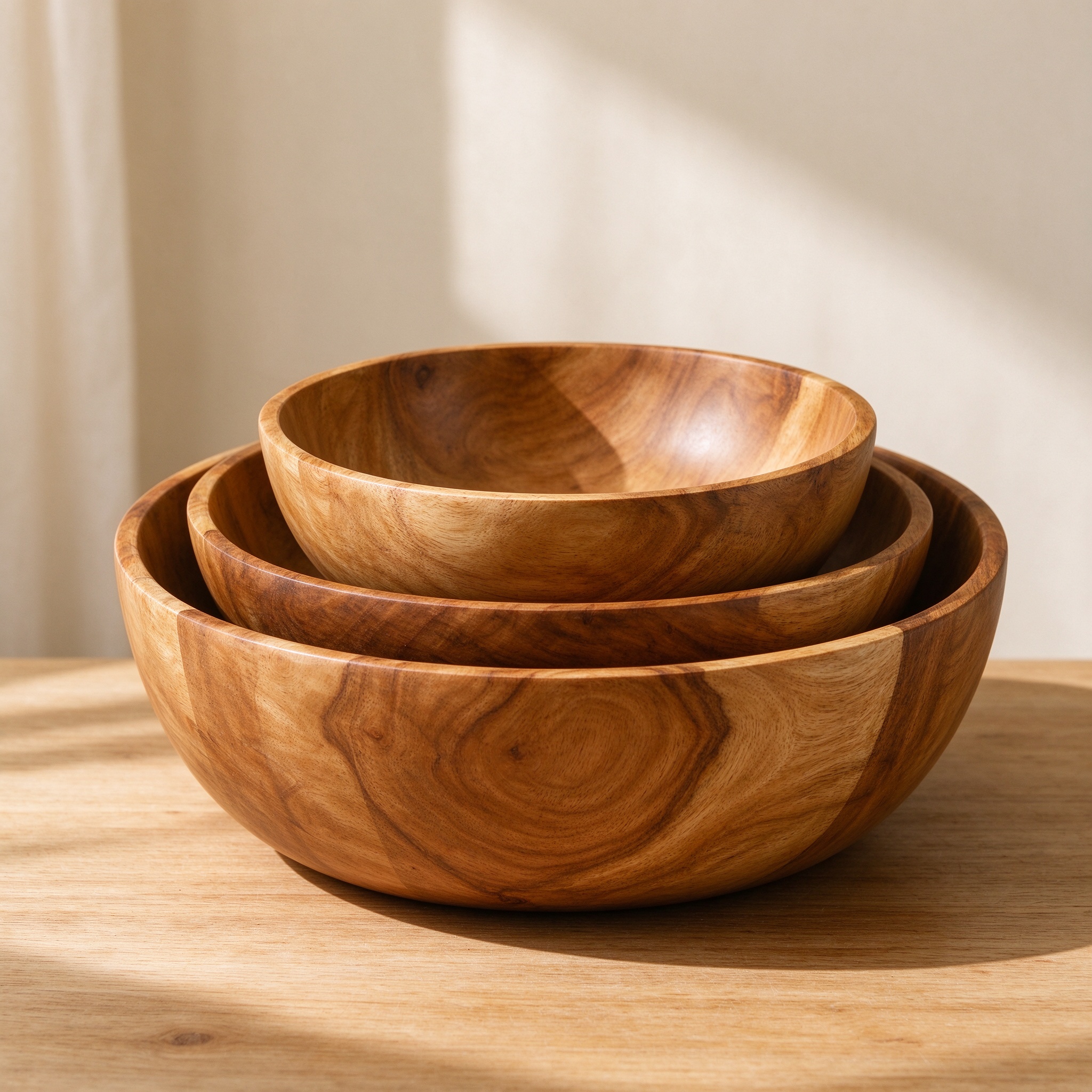 Stack of natural wood salad bowls