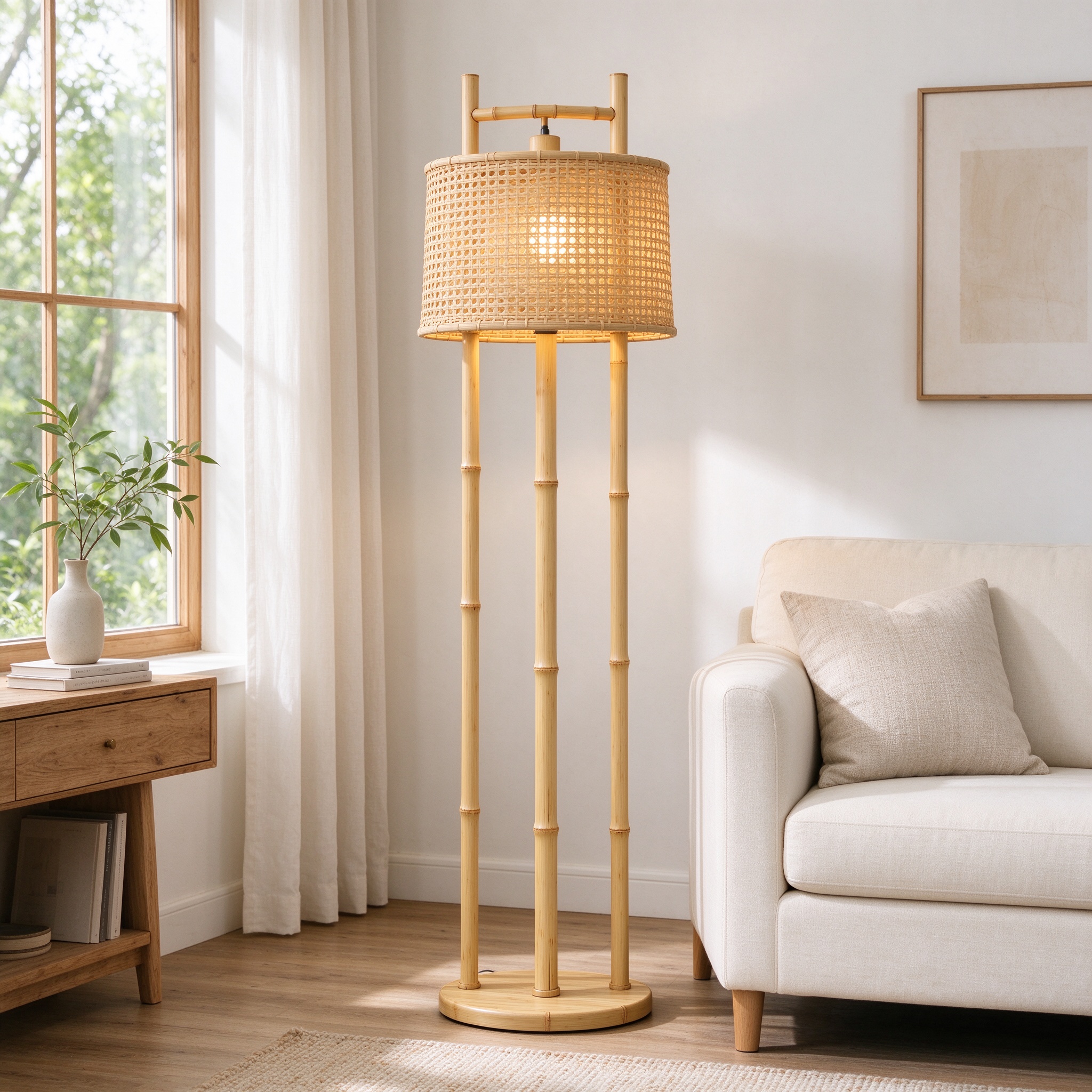 Bamboo floor lamp with woven shade