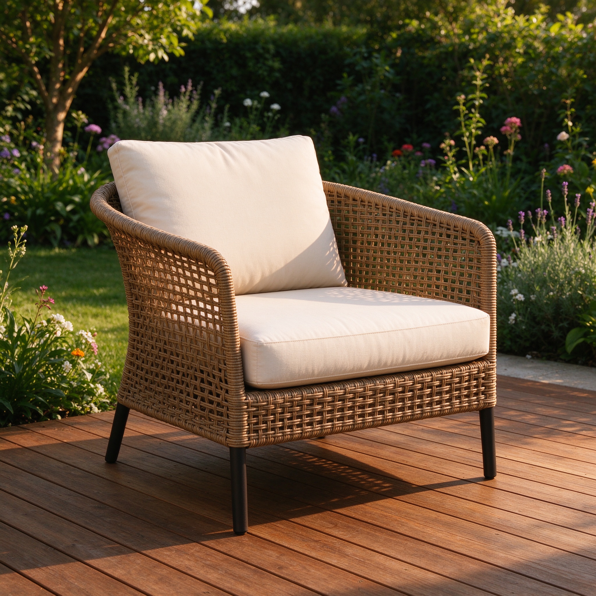 Rattan patio lounge chair with cream cushion