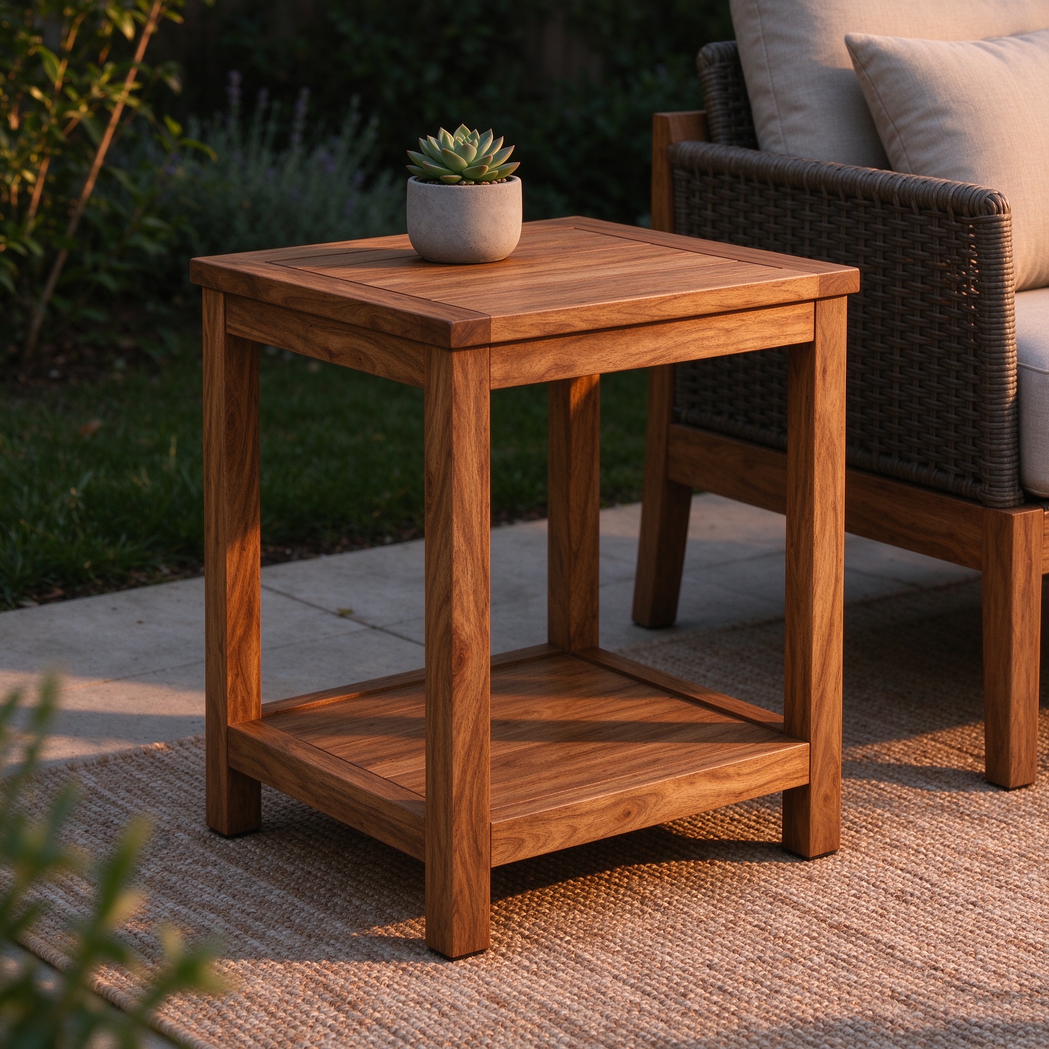 Acacia outdoor side table with succulent