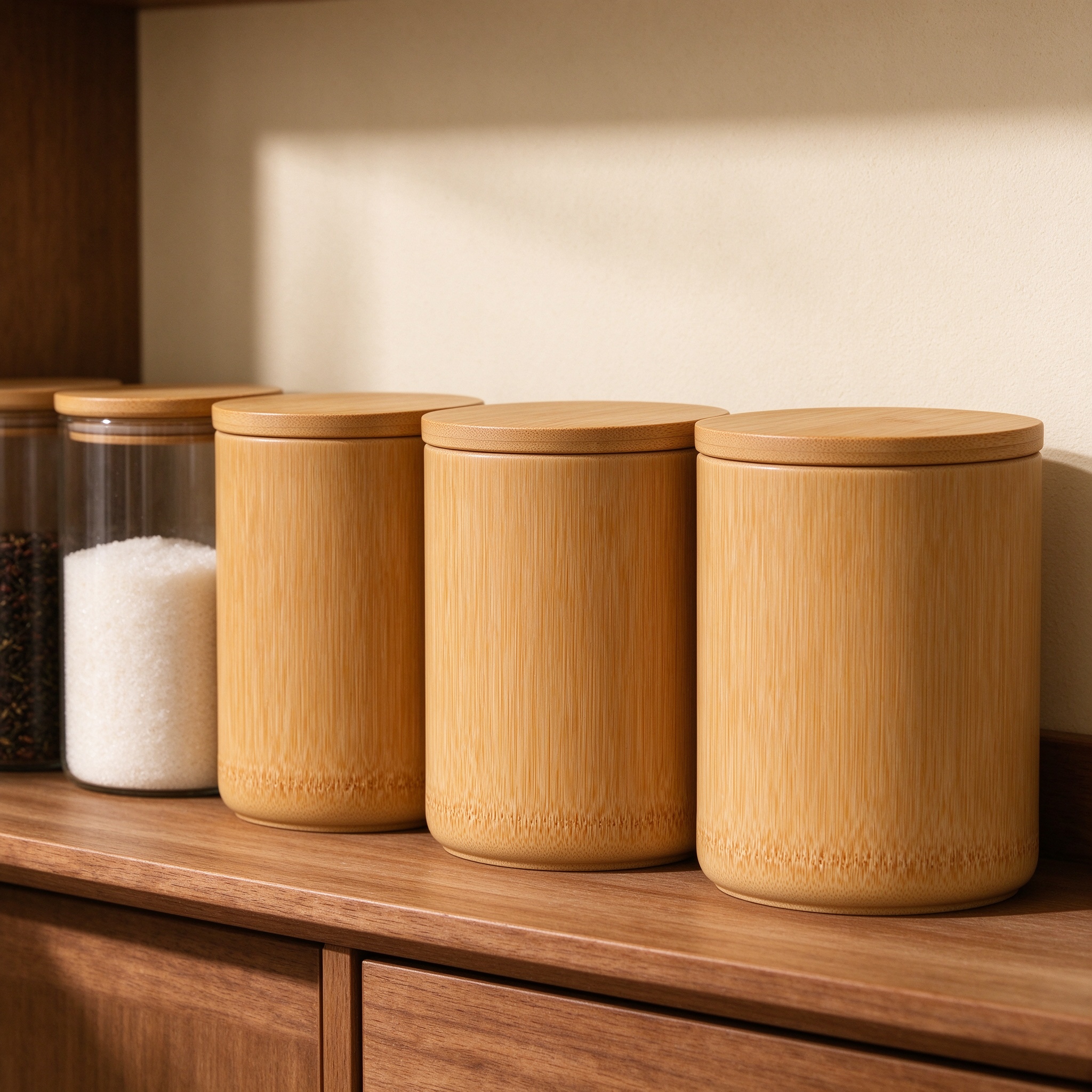 Bamboo airtight canisters on a wooden shelf